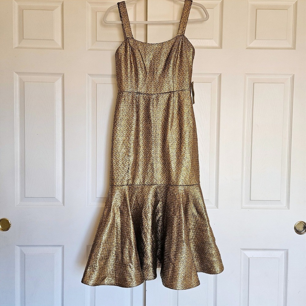 Mestiza New York Jody Metallic Gold Tweed Square Neck Flutter Hem Midi Dress 2‎ - Picture 3 of 16